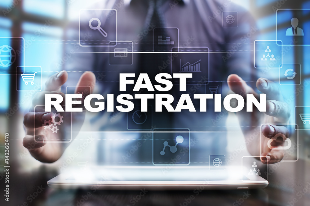 Businessman using tablet pc and selecting fast registration. Businessman using tablet pc and selecting fast registration.