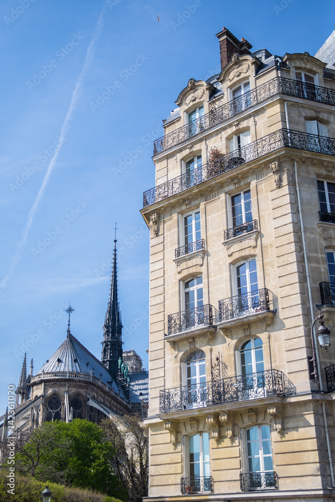 Paris, typical Parisian building near the cathedral Notre-Dame de Paris