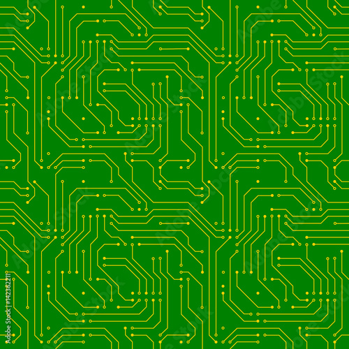 Technology background with golden microchip on green motherboard seamless pattern