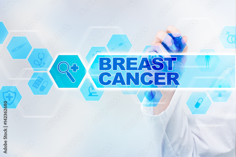 Medical doctor drawing breast cancer on the virtual screen. Medical doctor drawing breast cancer on the virtual screen.