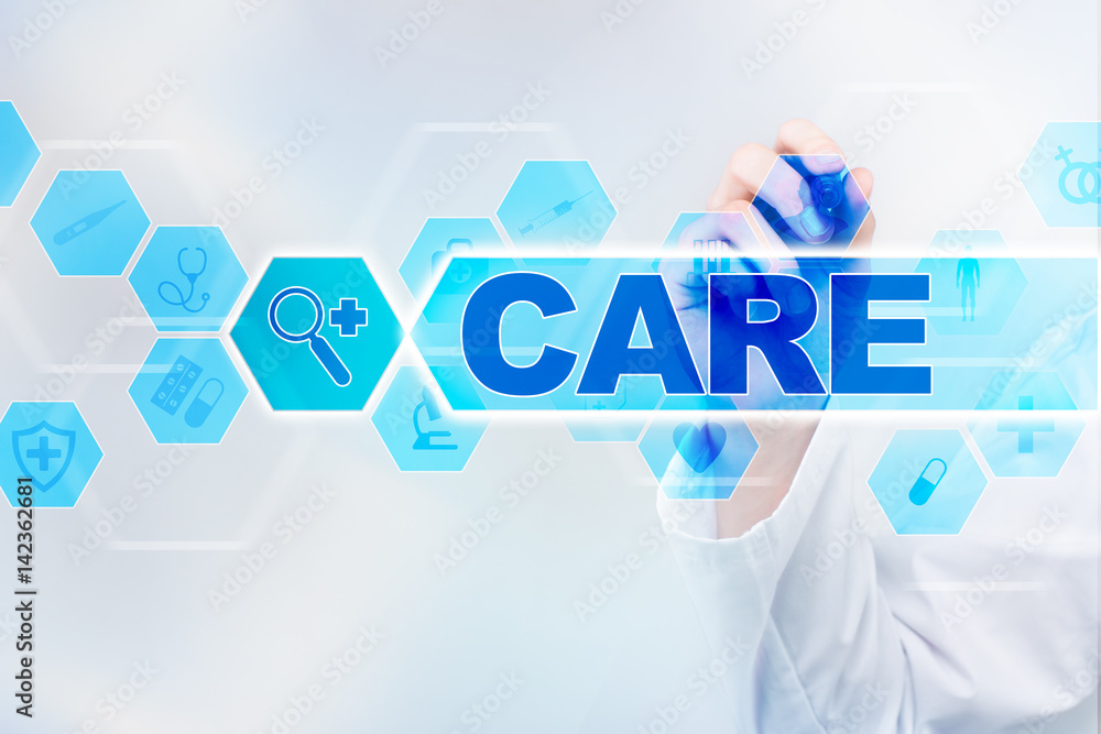 Medical doctor drawing care on the virtual screen. Medical doctor drawing care on the virtual screen.