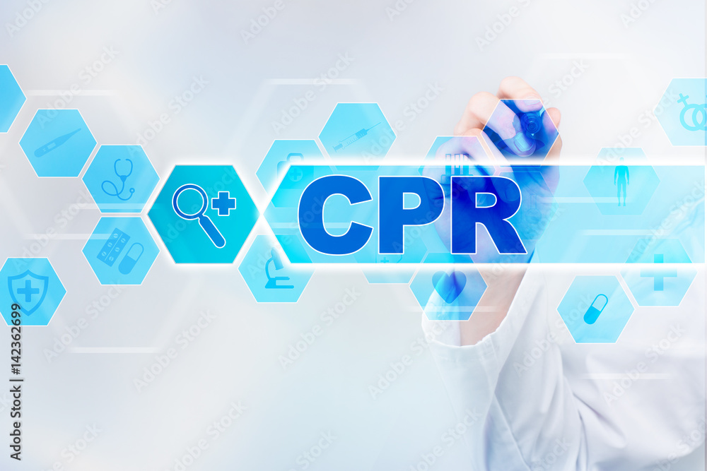 Medical doctor drawing cpr on the virtual screen. Medical doctor drawing cpr on the virtual screen.