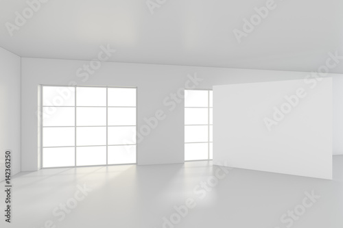 White clean interior with blank billboard. 3d rendering.