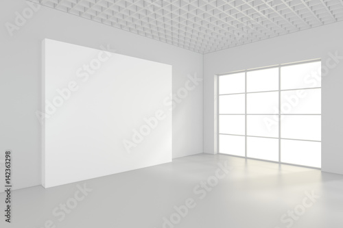 Empty blank billboard in white interior. 3d rendering.