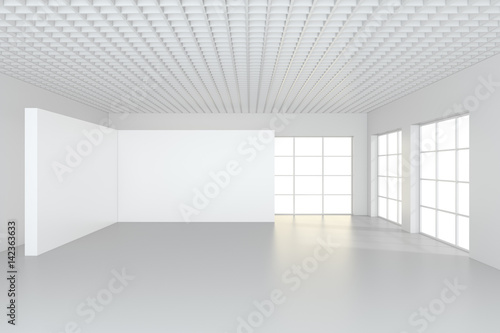 White clean interior with blank billboard. 3d rendering.