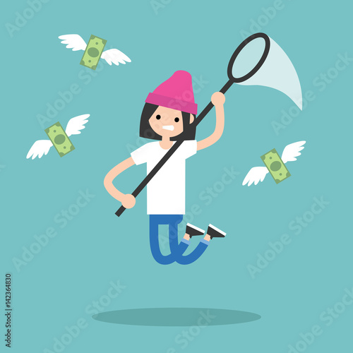 Young brunette girl trying to catch money with a nettle. Business concept / flat editable vector illustration, clip art