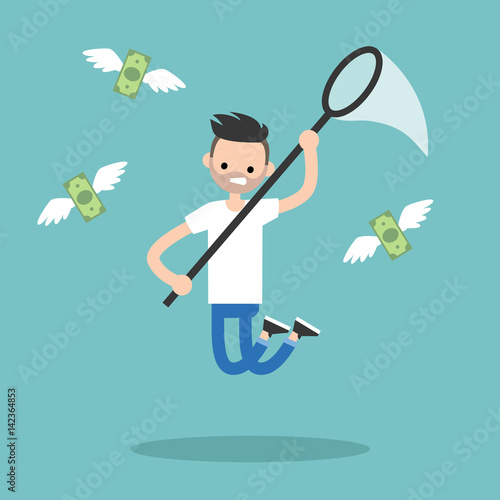 Young bearded guy trying to catch money with a nettle. Business concept / flat editable vector illustration, clip art