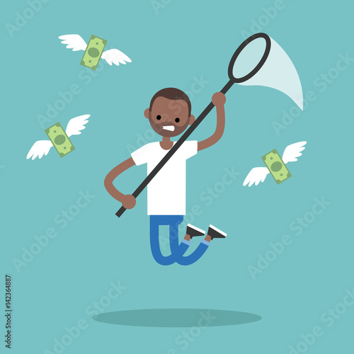 Young black man trying to catch money with a nettle. Business concept / flat editable vector illustration, clip art