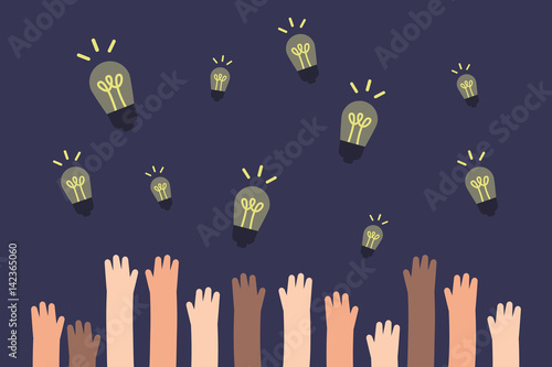 Creative ideas. Raised hands trying to catch the lightbulbs / flat editable vector illustration, clip art