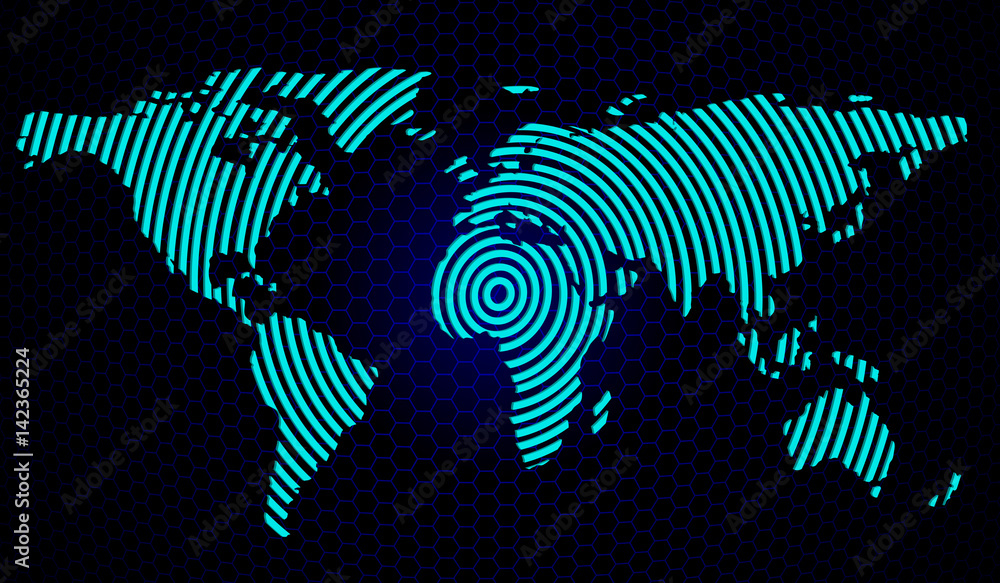 Abstract world map on a background of hexagons. Vector illustration Abstract world map on a background of hexagons. Vector illustration
