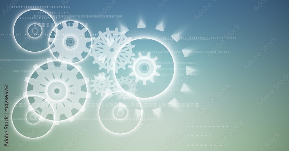 White cog graphics against blue green background
