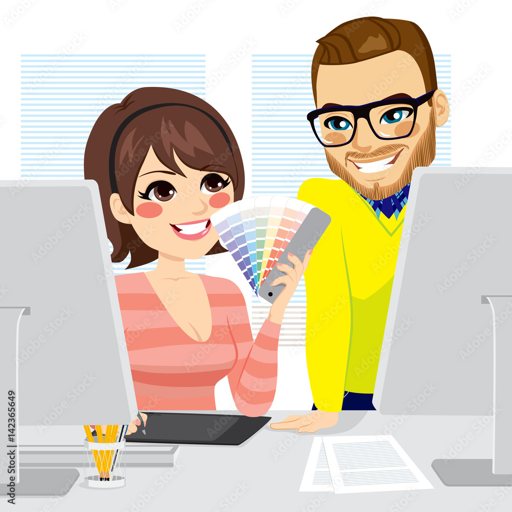Beautiful female graphic designer picking color from palette with male graphic designer partner teamwork concept Beautiful female graphic designer picking color from palette with male graphic designer partner teamwork concept