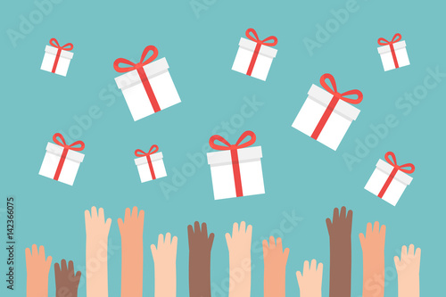 Raised hands trying to catch falling gifts