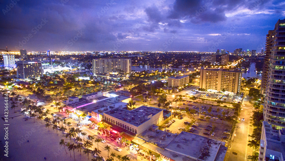 Panoramic aerial view of Fort Lauderdale coastline at night, Florida