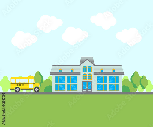 School building and school bus. Front school yard with green trees. Vector illustration.