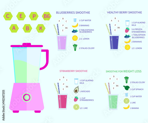 Healthy smoothie set with recipes.Vector illustration.