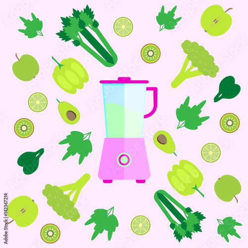 Electronic food and smoothie blender with different green food and vegetables. Vector illustration.