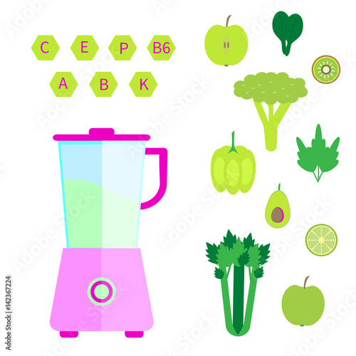 Electronic food and smoothie blender with different green food, vitamins  and vegetables. Vector illustration.