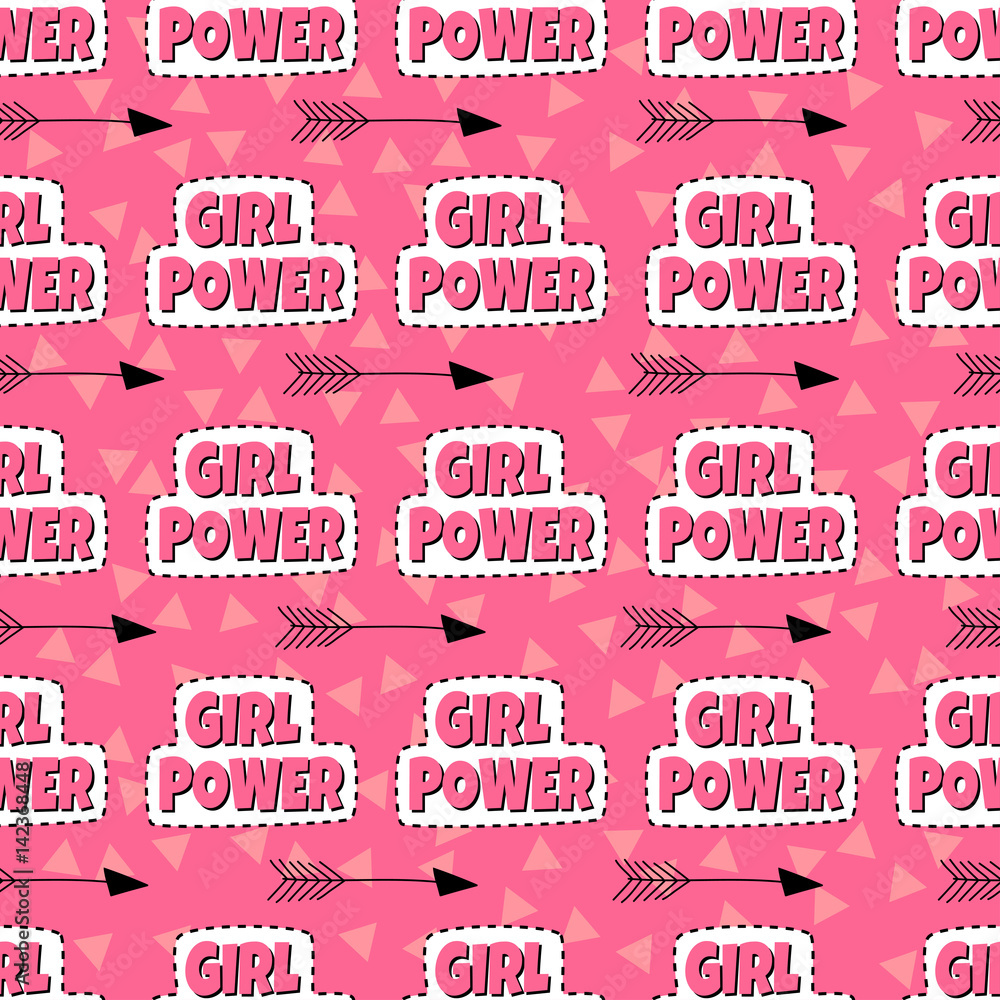Girl power. Fashion pink pattern with inscription and arrow. Trendy background with cute stickers. Girl power. Fashion pink pattern with inscription and arrow. Trendy background with cute stickers.