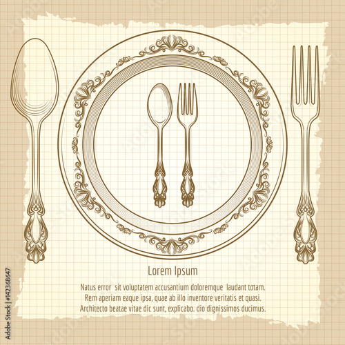 Table setting vintage poster design vector illustration. Notebook background with cutlery