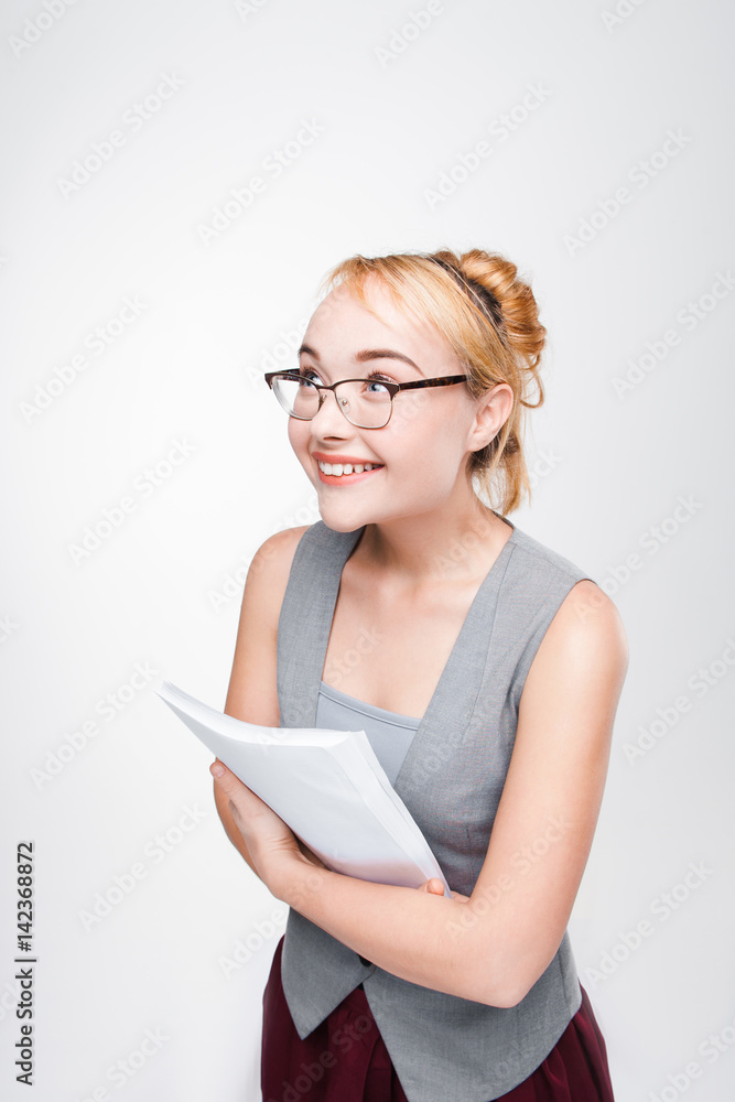 Student girl in glasses and vest feels unbelievable happy of great achievement. Joyful and happy young woman smiling and looks surprised. Joyous distrust Student girl in glasses and vest feels unbelievable happy of great achievement. Joyful and happy young woman smiling and looks surprised. Joyous distrust
