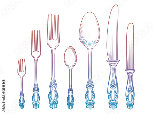 Colorful cutlery collection vector illustration - spoon knife and fork isolated on white