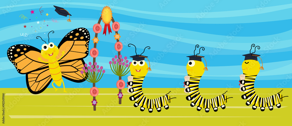 Fototapeta premium Grad Caterpillar - Cute caterpillars with graduation hats and diplomas are transitioning into a butterfly. Eps10