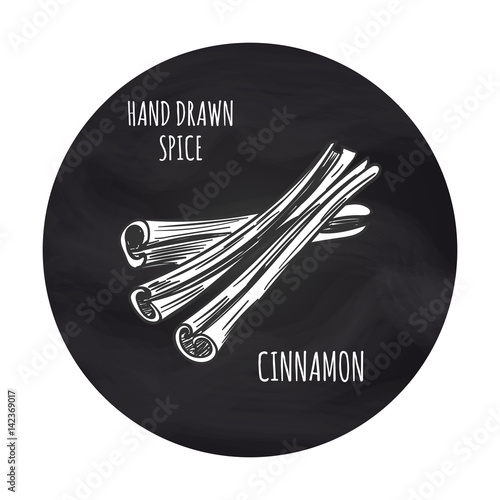 Hand drawn spice cinnamon in blackboard round. Vector cinnamon sketch icon design