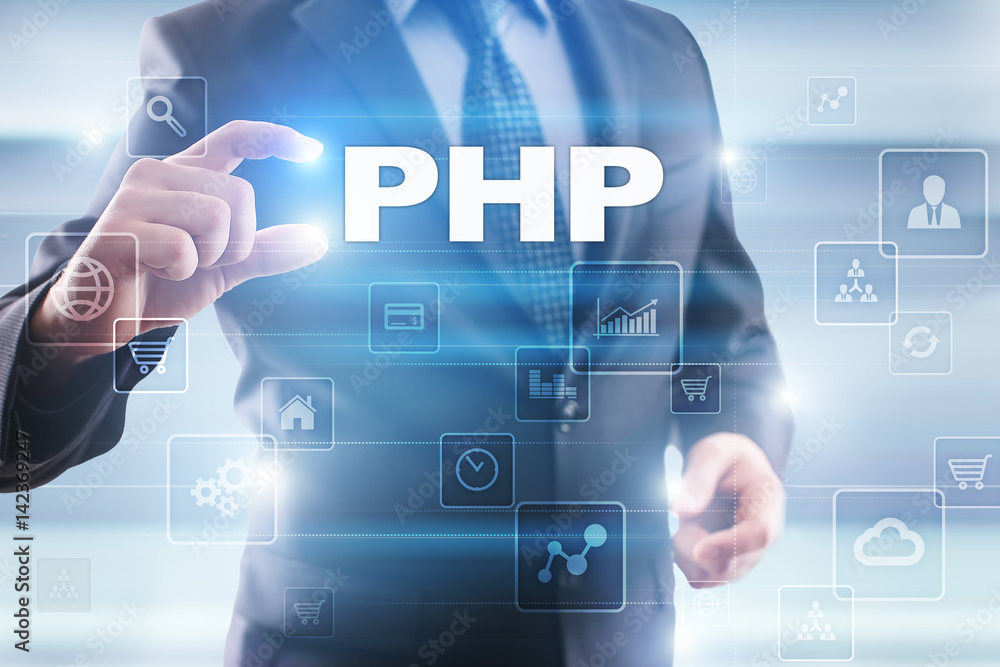 Businessman selecting php on virtual screen. Businessman selecting php on virtual screen.