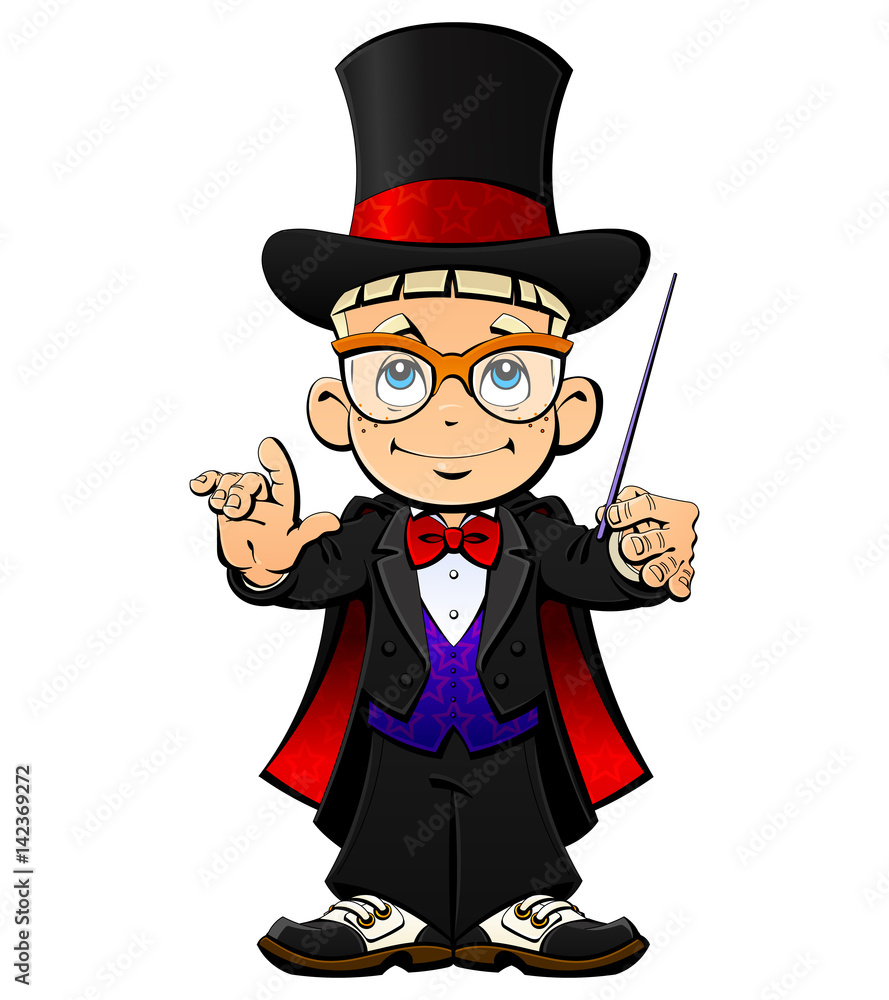 A young illusionist in a hat, a tuxedo and a mantle. A young illusionist in a hat, a tuxedo and a mantle.