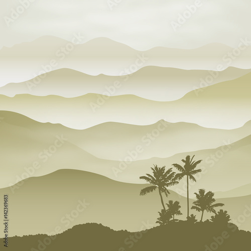 Mountains with palm tree in the fog. Background.