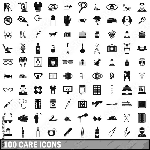 100 care icons set, simple style 