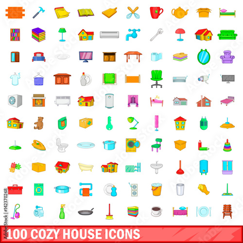 100 cozy house icons set, cartoon style