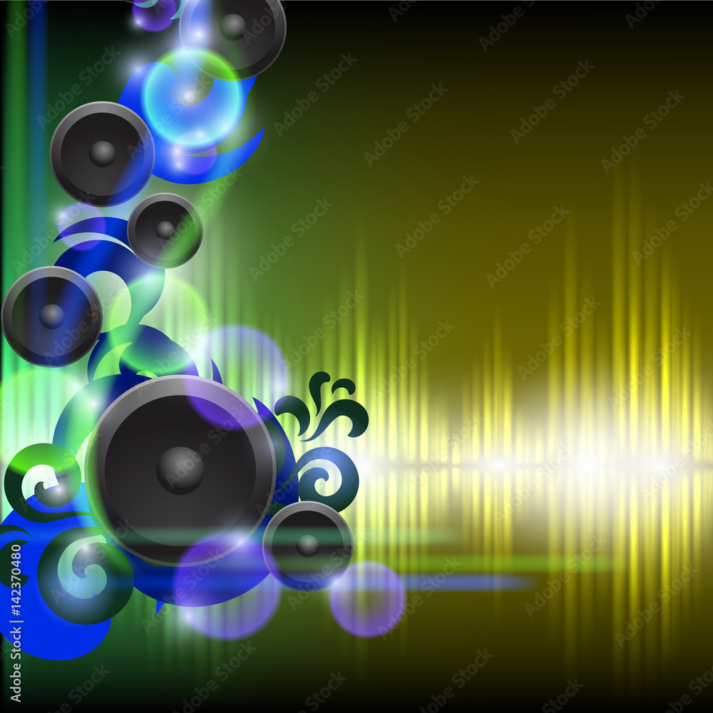 Abstract equalizer background with speakers. Green yellow wave.