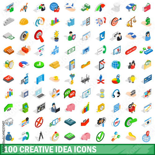 100 creative idea icons set, isometric 3d style