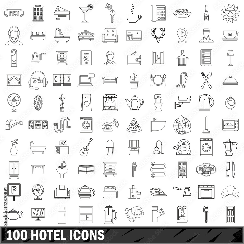 100 hotel icons set, outline style 100 hotel icons set, outline style