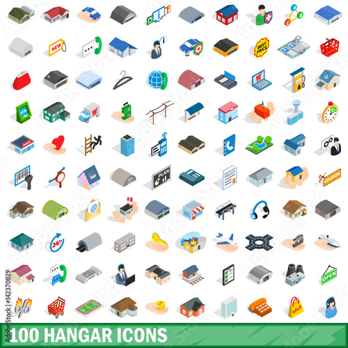 100 hangar icons set, isometric 3d style