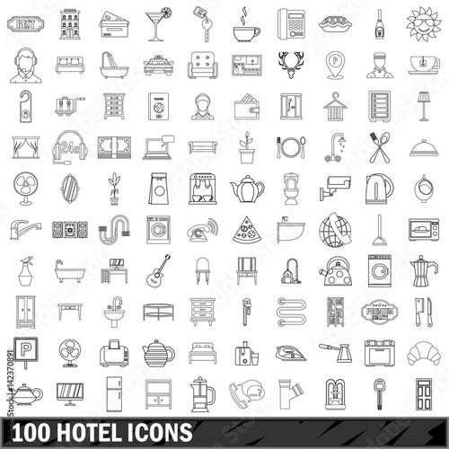 100 hotel icons set, outline style