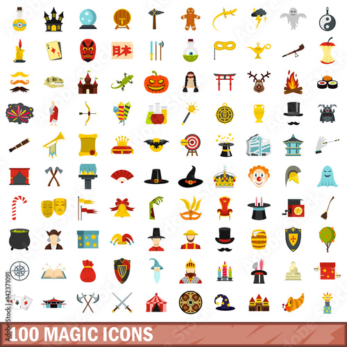 100 magic icons set, flat style