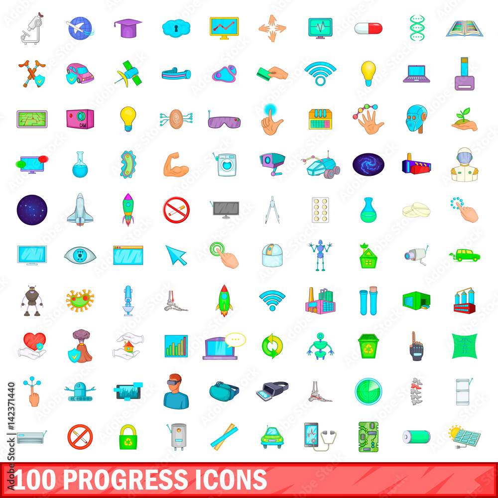 100 progress icons set, cartoon style 100 progress icons set, cartoon style