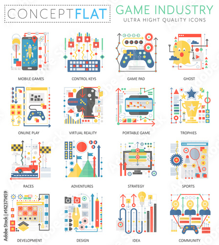 Infographics mini concept Game industry icons for web. Premium quality color conceptual flat design web graphics icons elements. Game industry technology concepts.