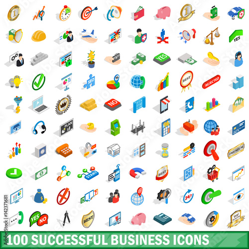 100 successful business icons set, isometric style