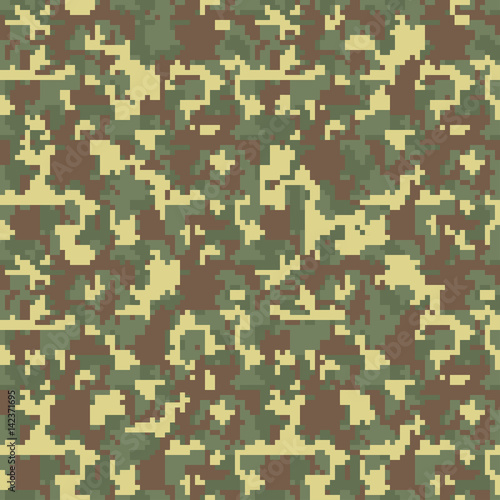 Camouflage pattern background seamless vector illustration. Classic clothing style masking camo repeat print. Green brown black olive colors forest texture