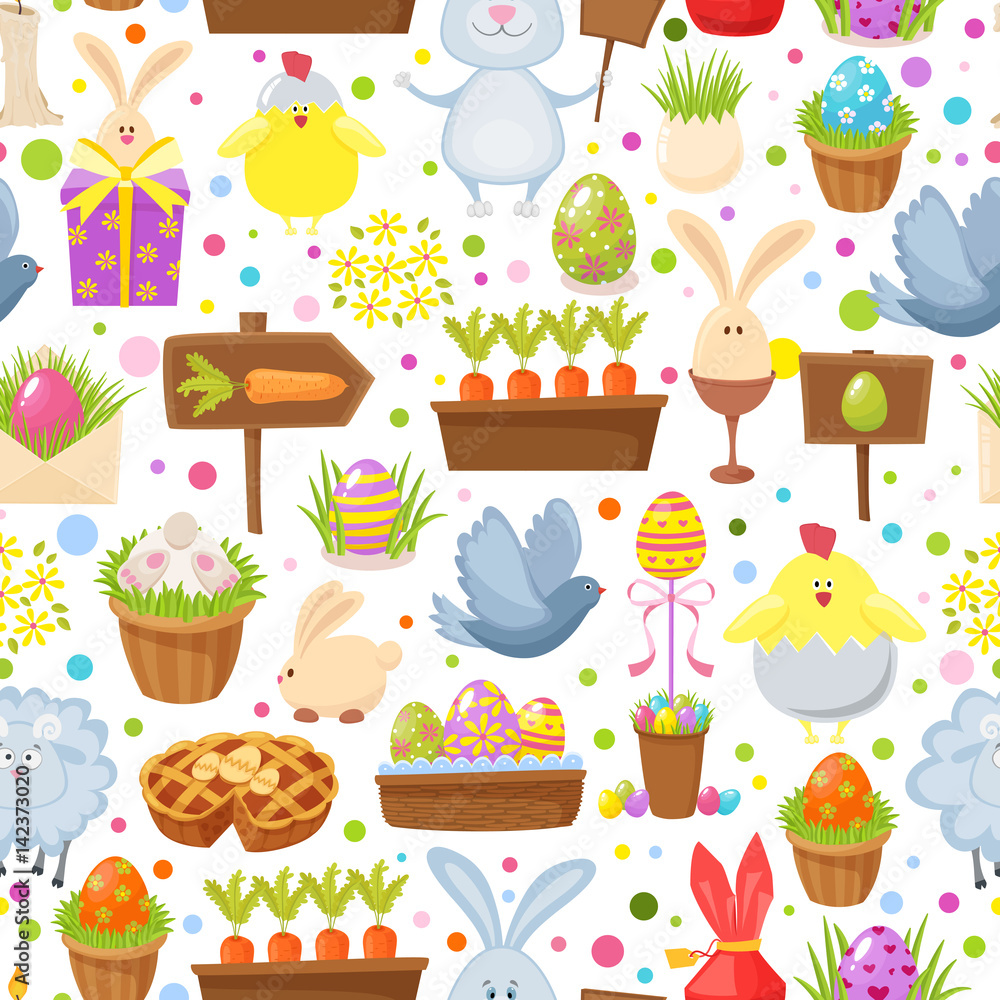 Easter seamless background.Religious holiday pattern from rabbit, pigeon, colored eggs, chickens and other traditional symbols of Easter Easter seamless background.Religious holiday pattern from rabbit, pigeon, colored eggs, chickens and other traditional symbols of Easter