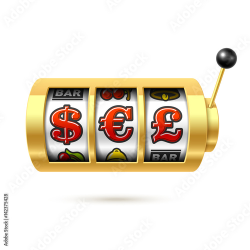 Dollar, Euro and Pound currency symbols on slot machine. Gambling games, casino banner design element