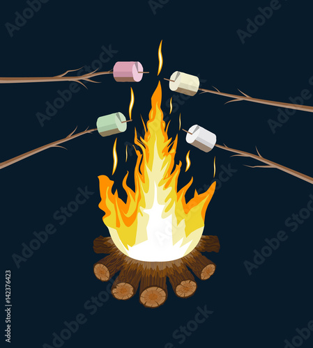 Bonfire with marshmallow. Logs and fire.