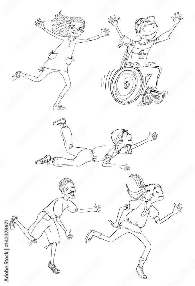 Group of children, include the boy in the wheel chair during the sport activities, running and enjoying themselves. Illustration
