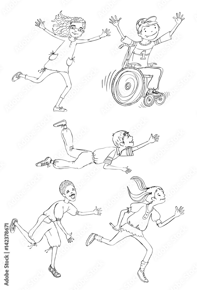 Group of children, include the boy in the wheel chair during the sport activities, running and enjoying themselves. Illustration
Group of children, include the boy in the wheel chair during the sport activities, running and enjoying themselves. Illustration