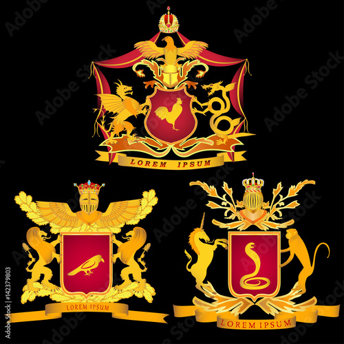 A set of three royal or chivalrous arms on a black background
