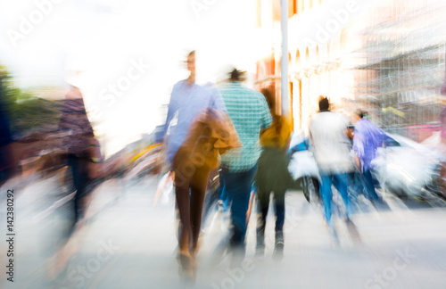  Blurred image of people walking in the Knightsbridge. Modern life concept London, UK